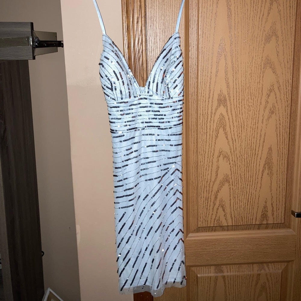 Elegant spaghetti strap evening mid length dress